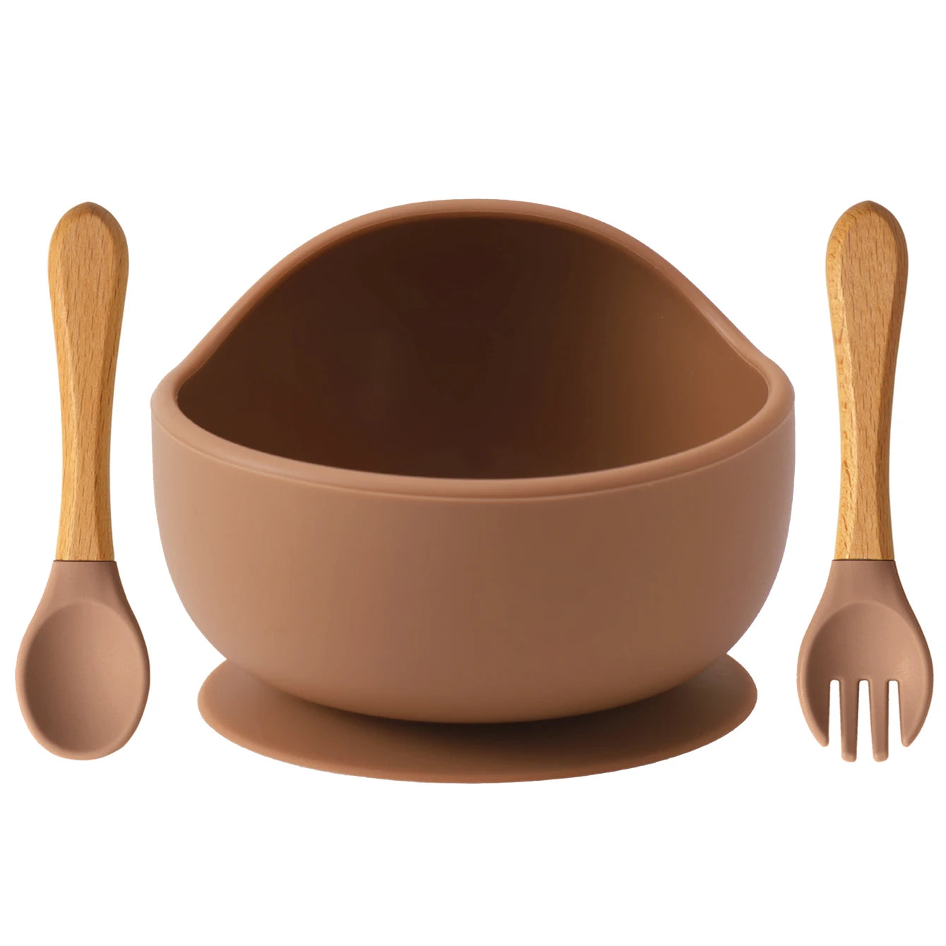 Clay silicone suction bowl with wooden spoon and fork