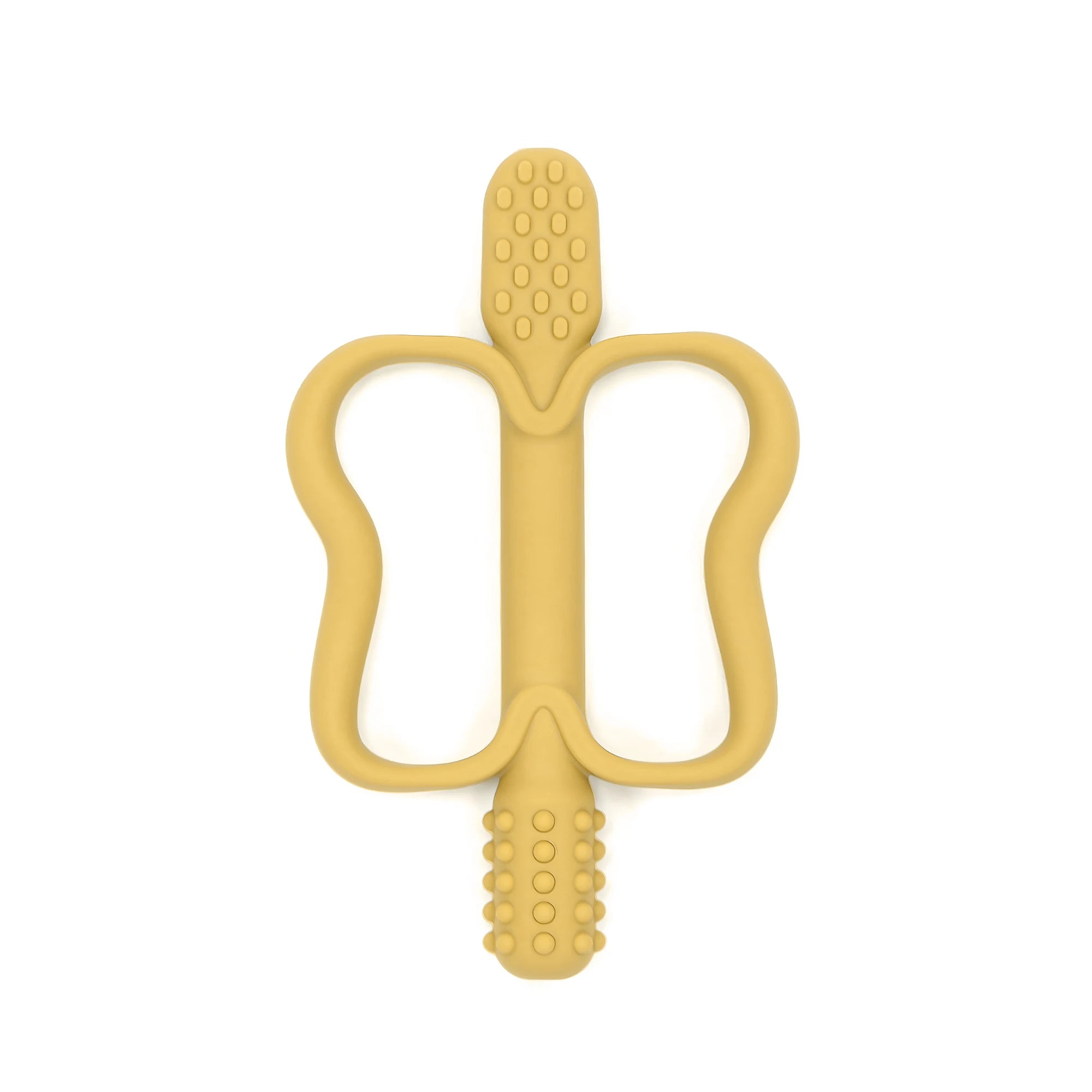 Yellow butterfly-shaped baby teether on a white background