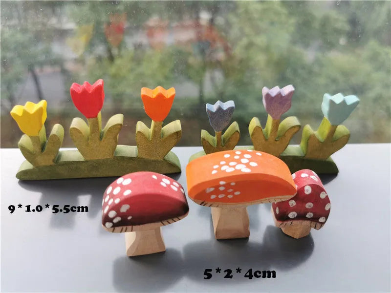 Wooden mushroom and flower decorations with measurements on a reflective surface.