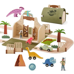 Montessori Dinosaur Park Busy Box with stacking blocks and foldable scene.