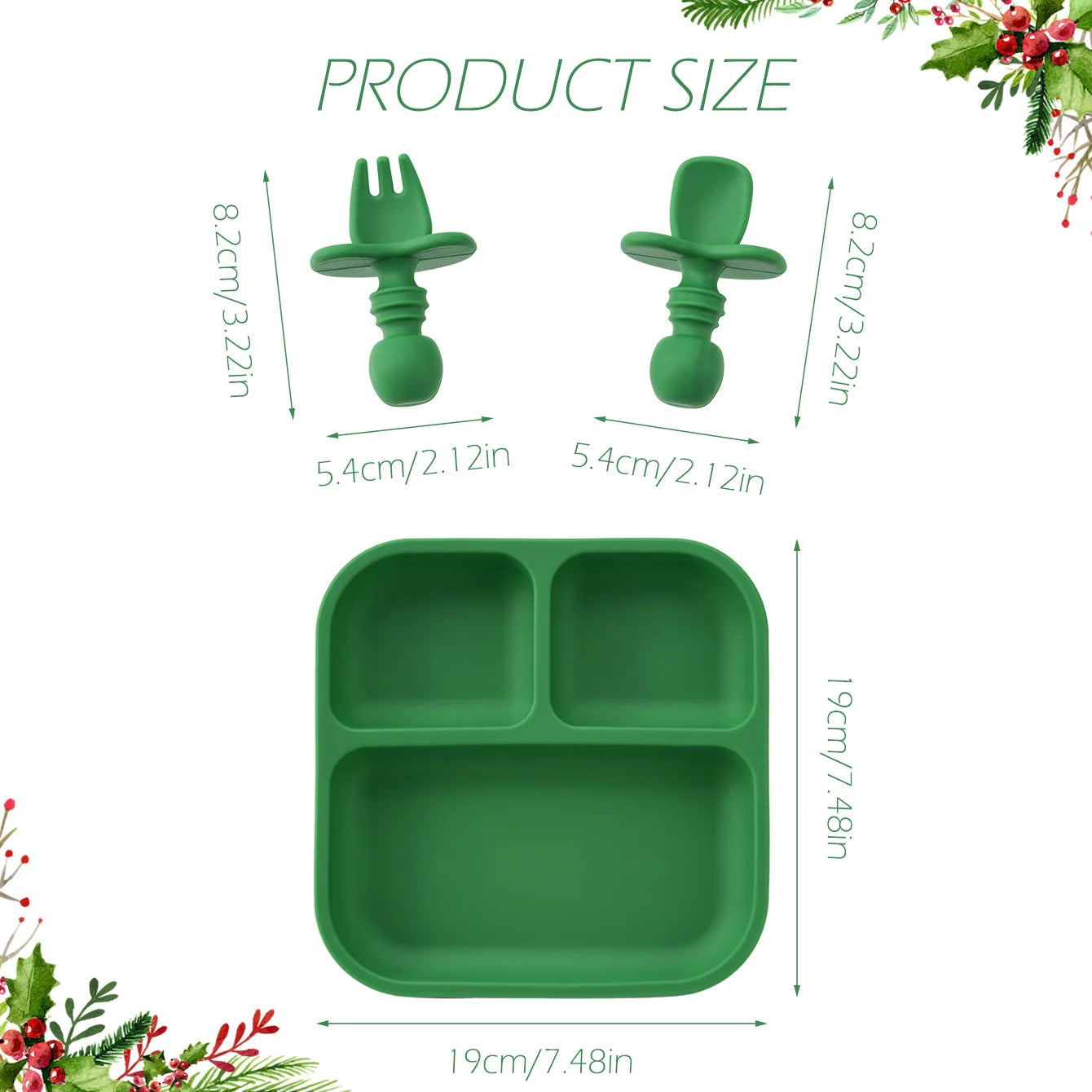 Silicone plate set size chart: 19 cm plate and 8.2 cm spoon and fork