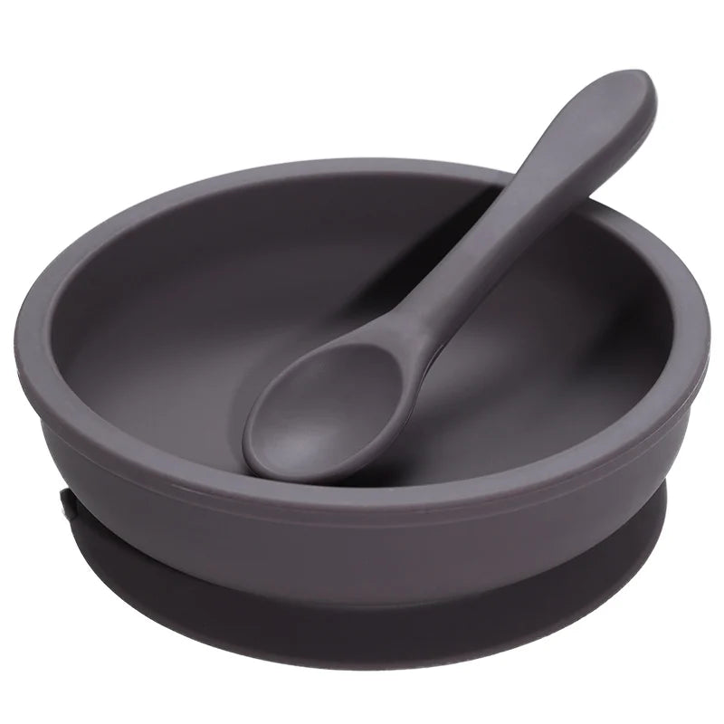 Deep grey wide silicone suction bowl and spoon