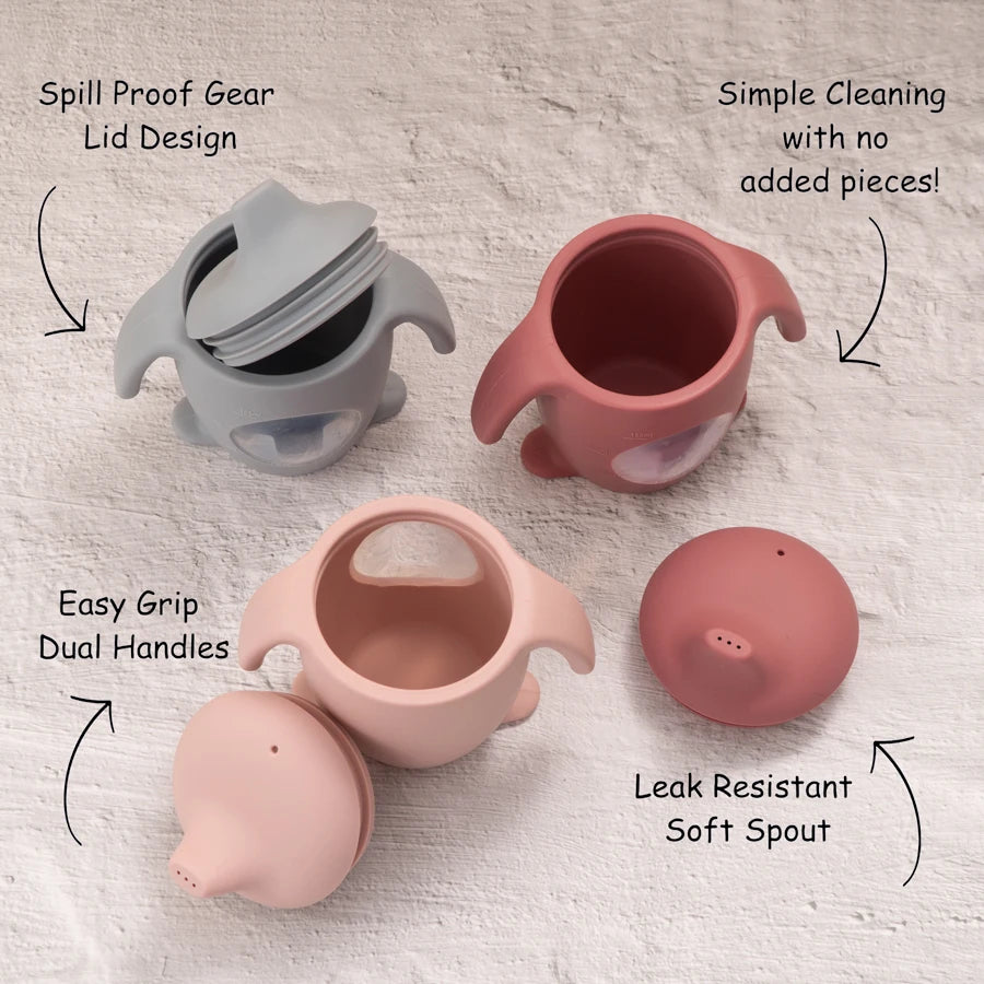 Silicone cups with various features labeled on a textured surface