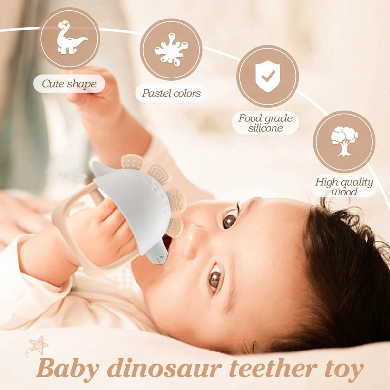 Baby lying down with a dinosaur teether toy, surrounded by text highlighting features.