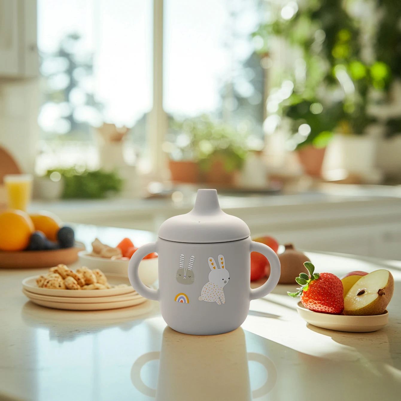 Grey bunny silicone sippy cup on a breakfast table
