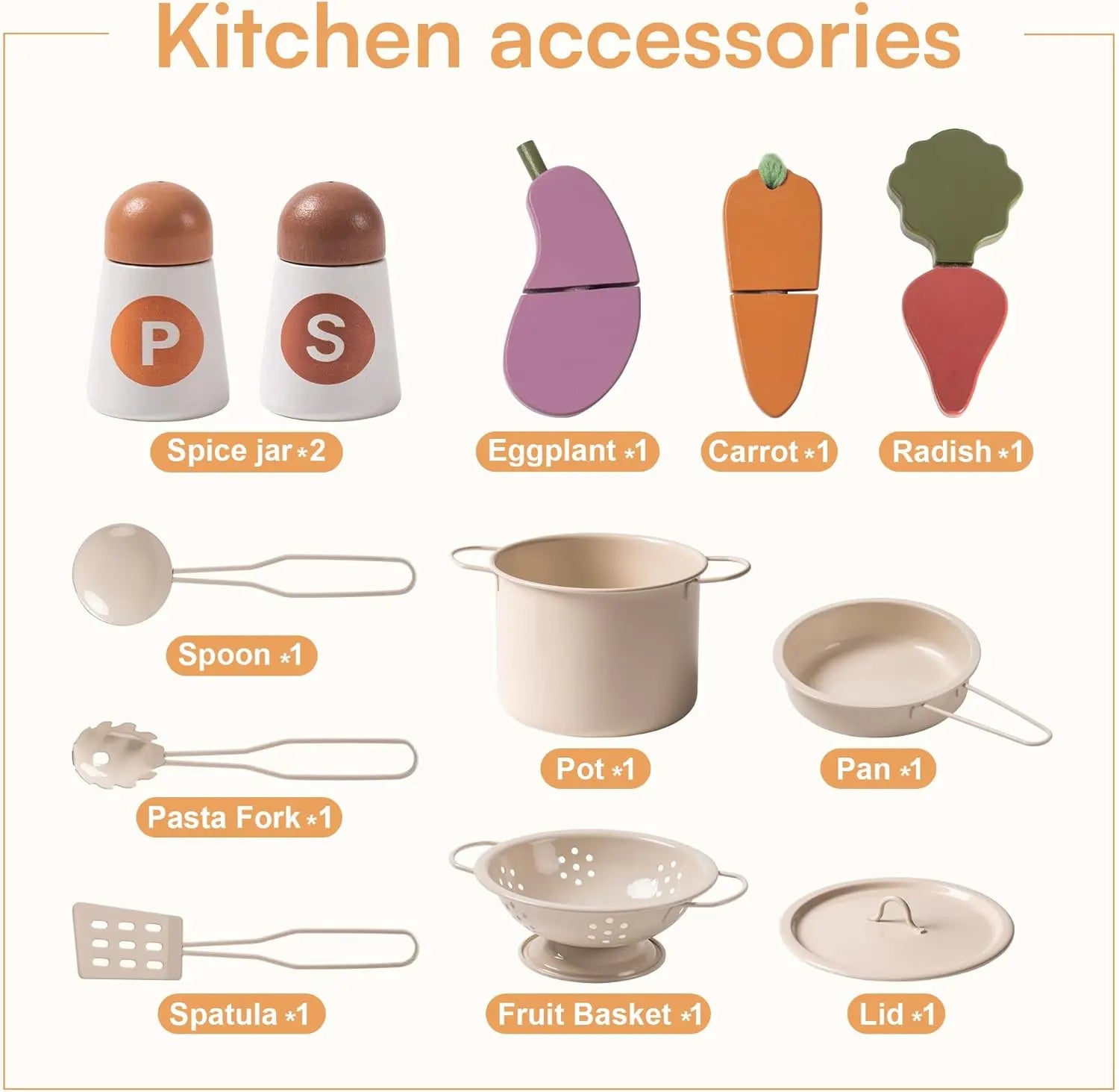 Set of kitchen accessories including spice jars, vegetables, utensils, and cookware on a white background.