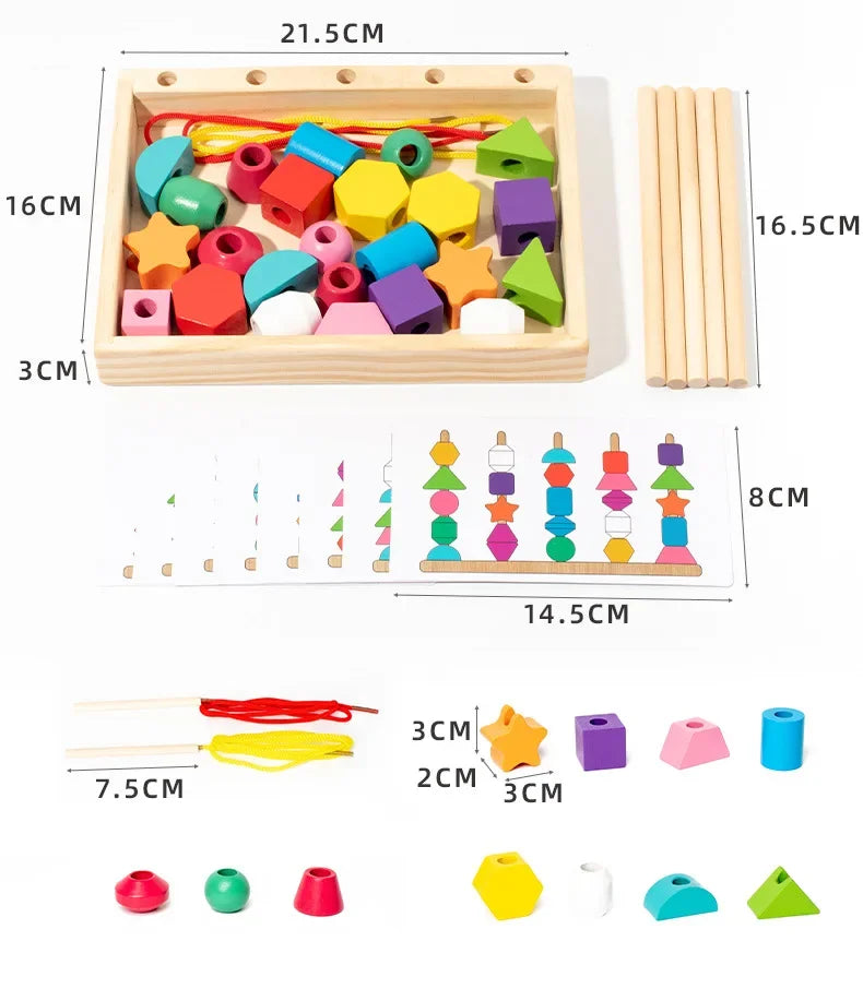 Wooden educational toy with colorful shapes and an abacus, showing measurements.