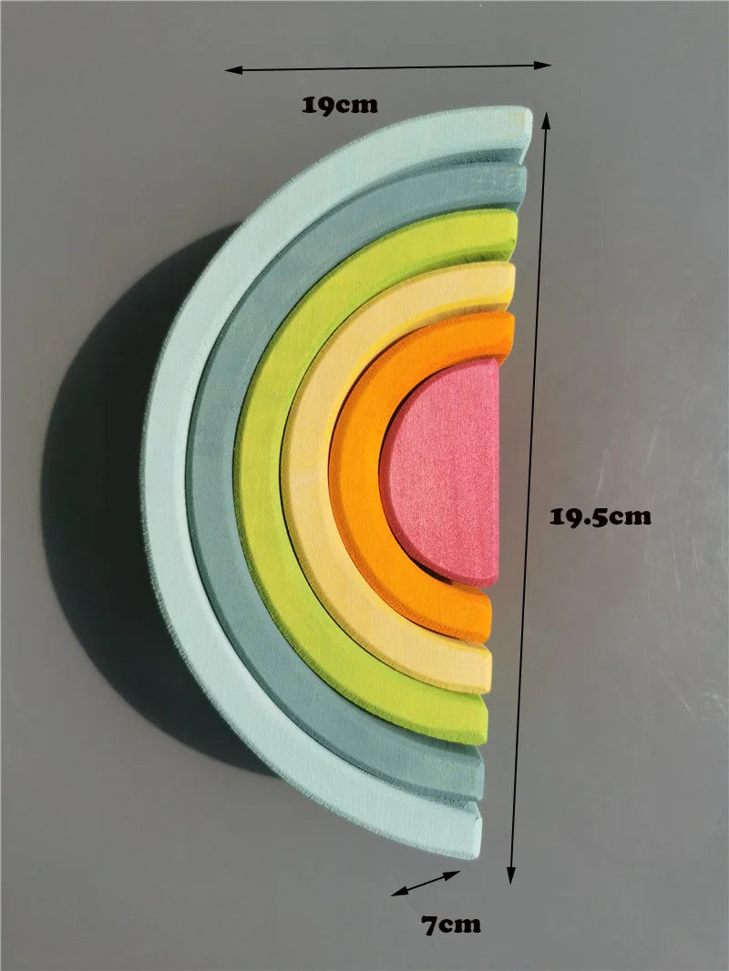 Set of colorful wooden archs with measurements on a gray background