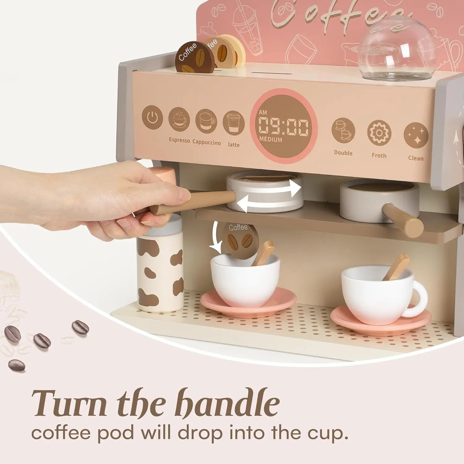 Coffee pod dispenser with a hand turning the handle and coffee pods being dispensed into cups.