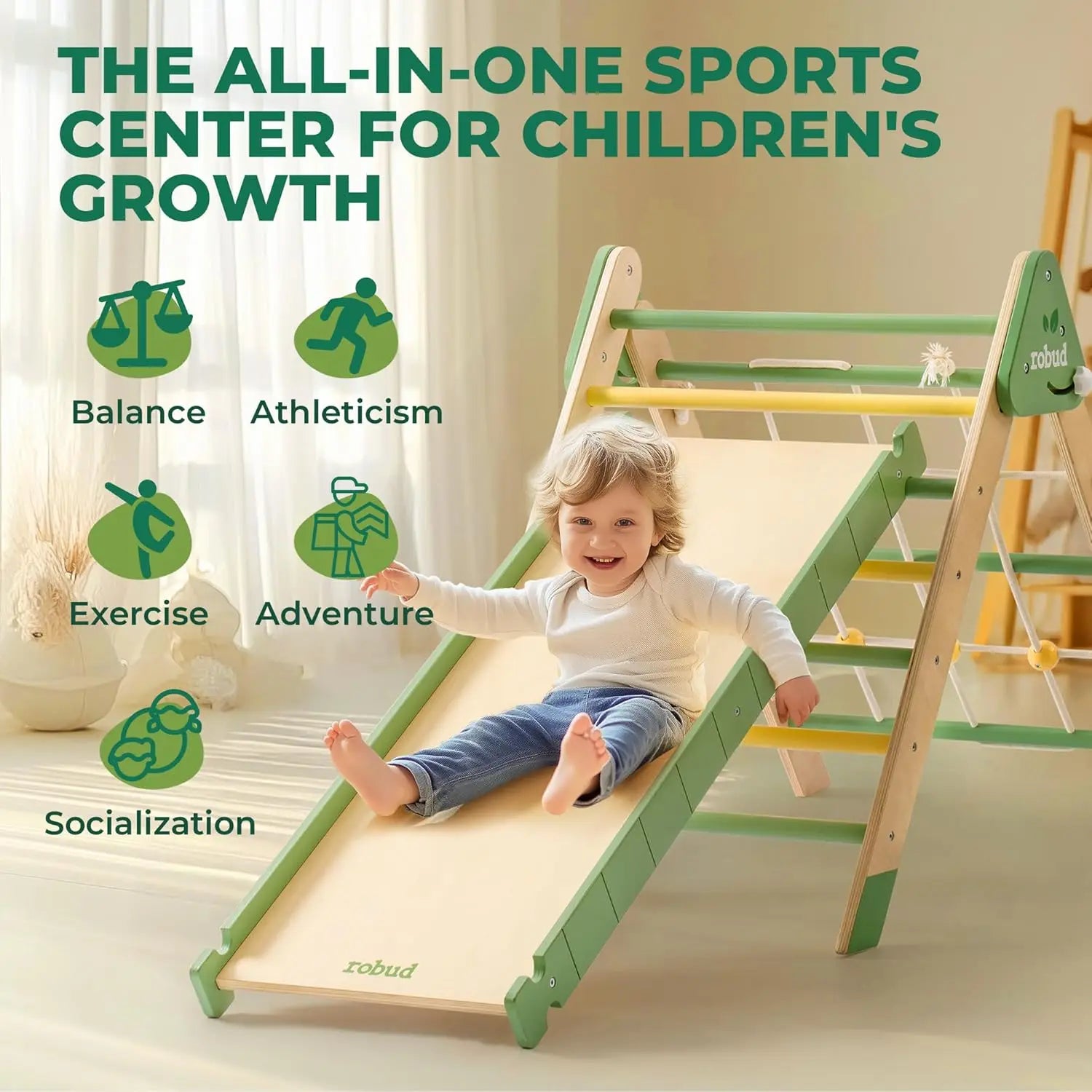 Child playing on a green and wooden climbing toy with educational icons and text about children's growth.