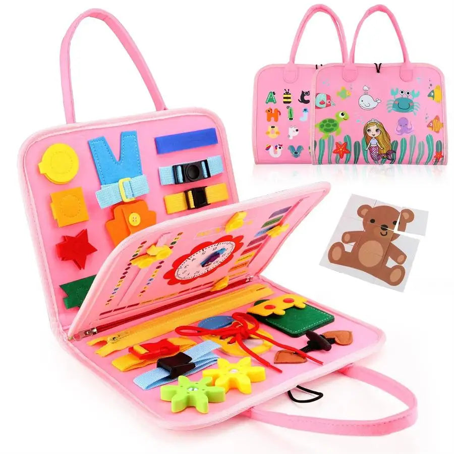 Pink educational toy set with various shapes and a carrying case on a white background