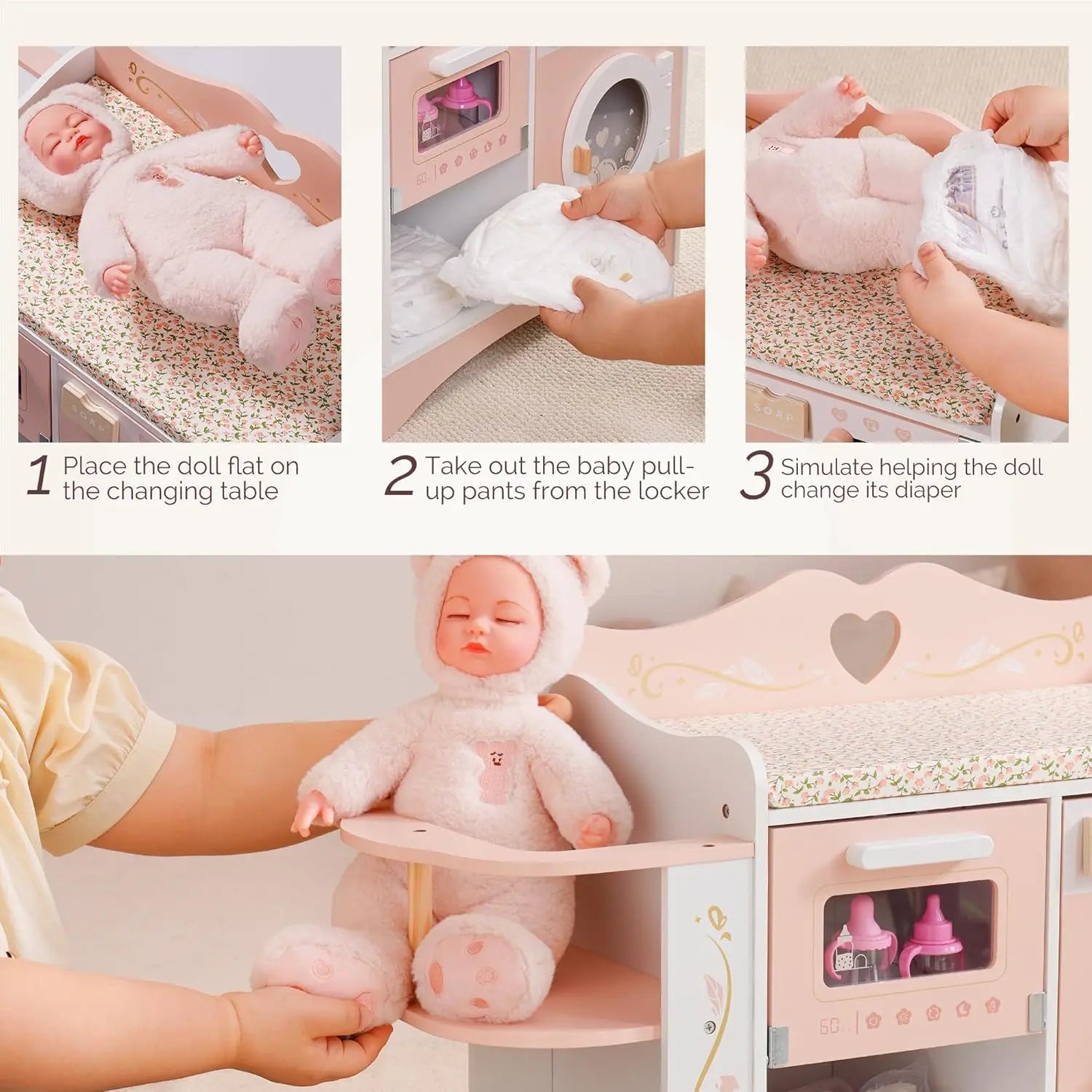 Step-by-step guide on changing a doll's diaper with a toy changing table and baby accessories.