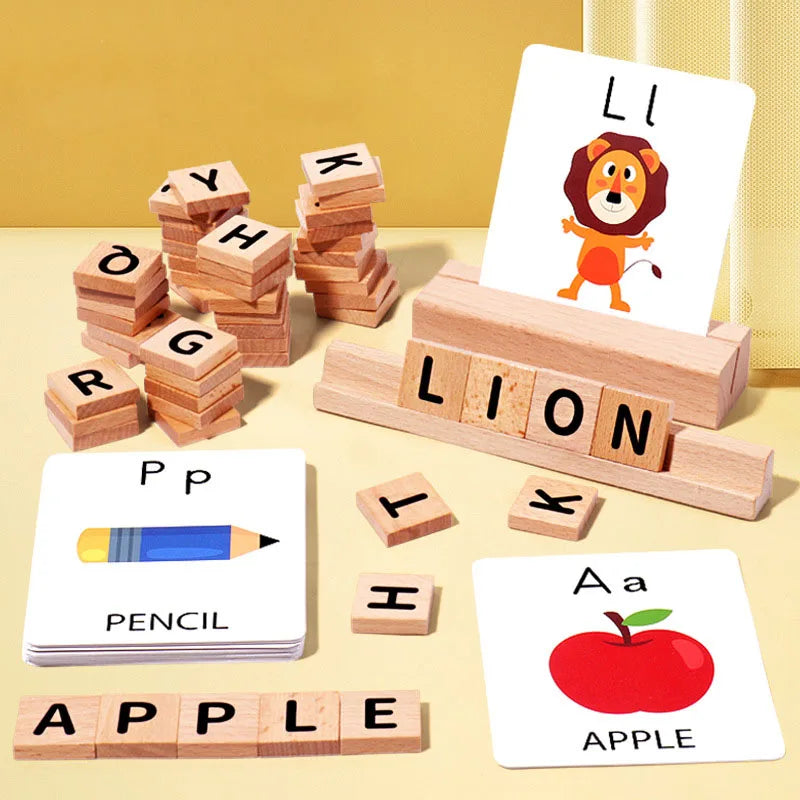 Wooden Spelling Word Game with Letter Tiles and Picture Cards