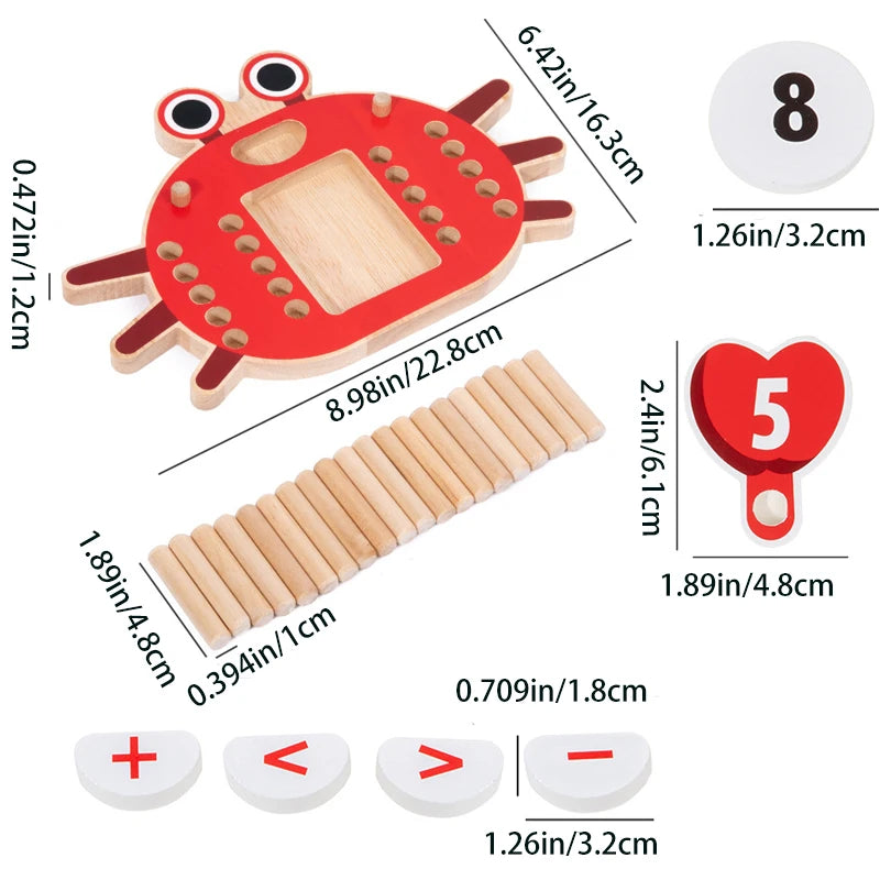 Wooden educational tool with measurements and icons on a white background