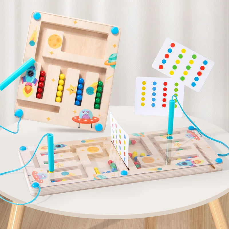 Wooden educational toy with colorful beads and cards on a white surface