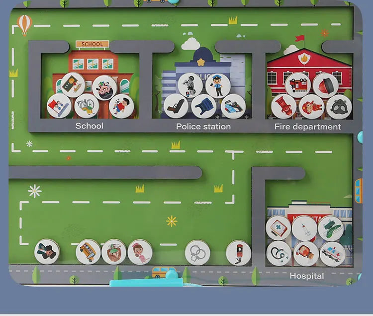 Children's toy map with labeled locations including school, police station, fire department, and hospital. Magnetic Sorting Game - Rescue & City Maze | Oliver Montessori Toys