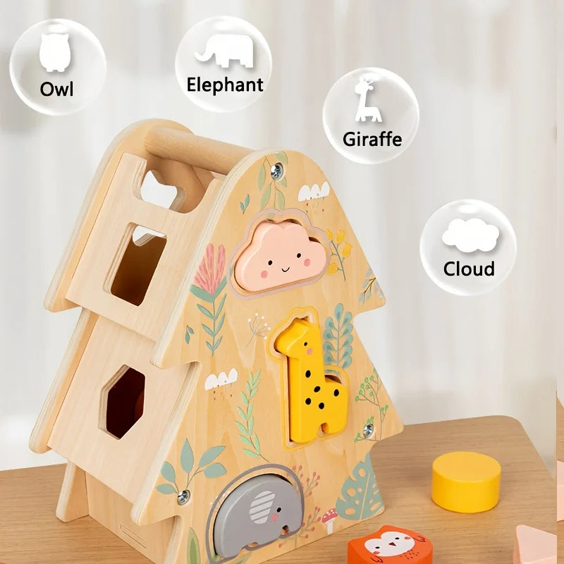 Wooden Treehouse Shape Sorter | Montessori Animal Blocks Toy