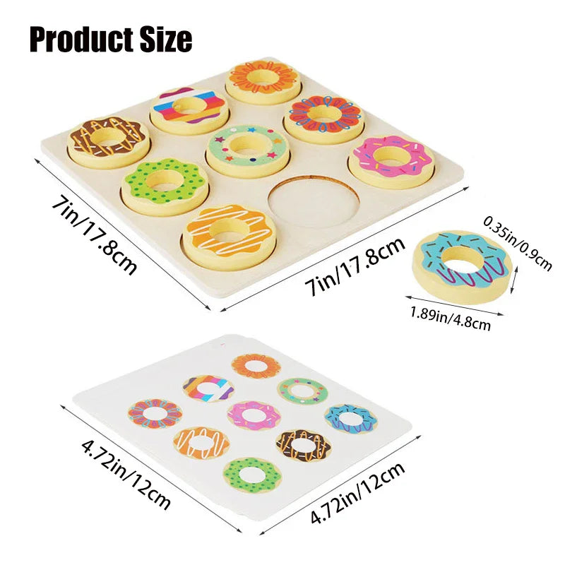 Wooden toy donut set with measurements on a white background
