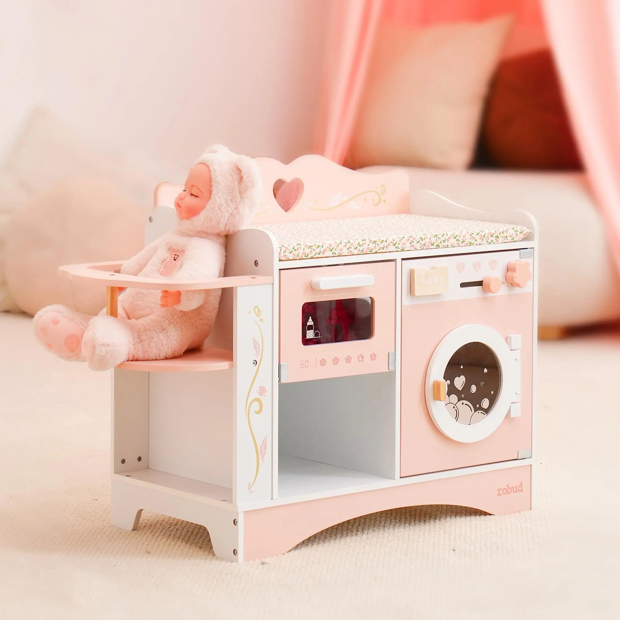 6-in-1 Wooden Baby Doll Care Station - Pink