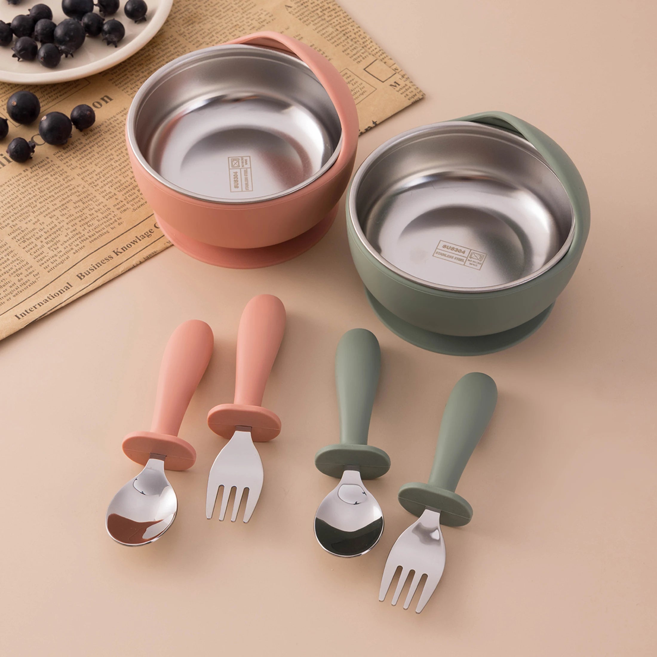 3-Piece Stainless Steel Silicone Suction Bowl & Utensil Set