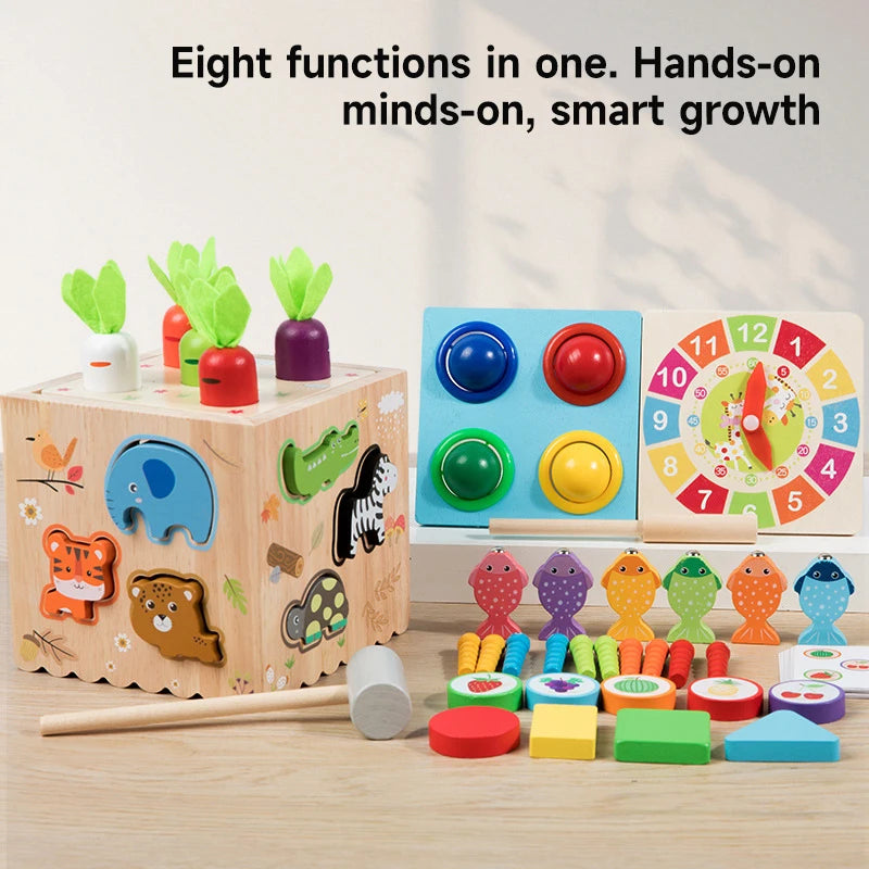Set of wooden educational toys with various shapes and colors on a light background.