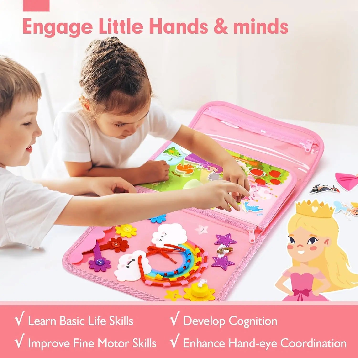 Children playing with a educational toy that engages little hands and minds, with text highlighting skills developed.