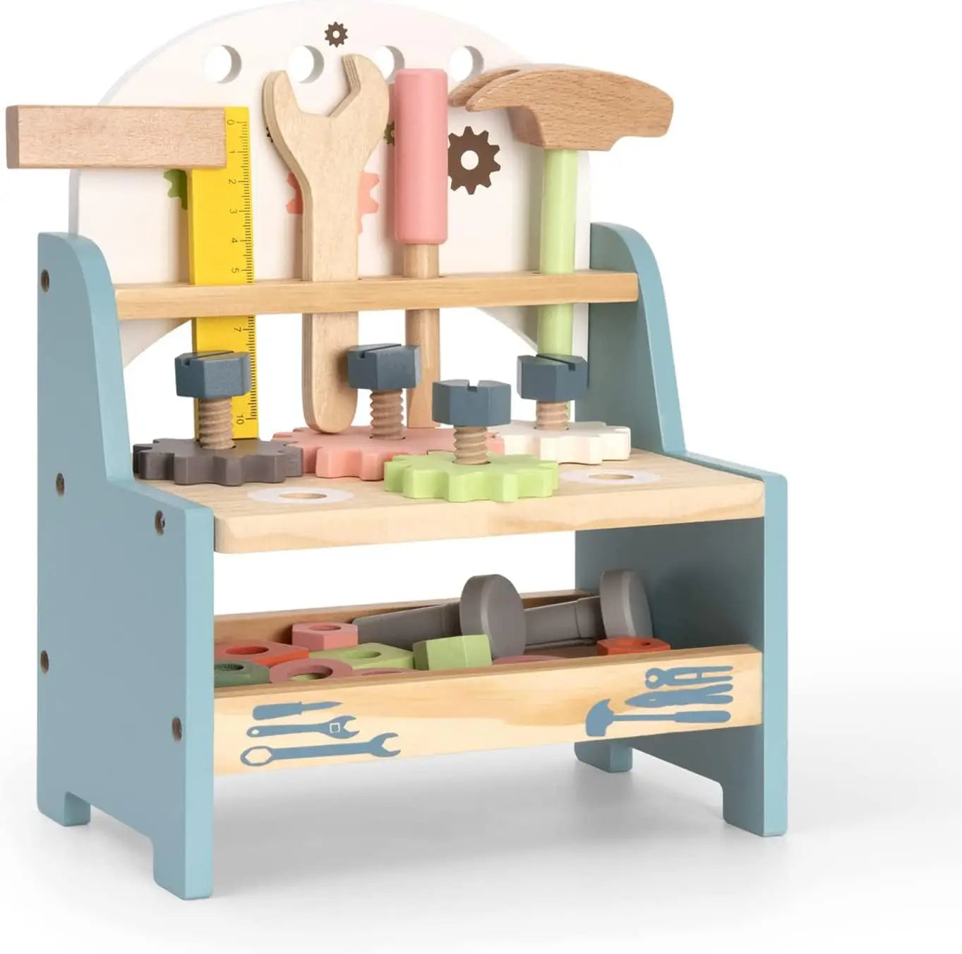Children's toy workbench with various tools on a white background