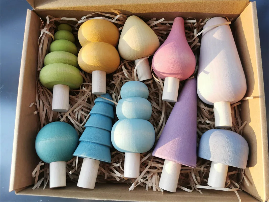 Colorful wooden toys resembling ice cream cones in a box