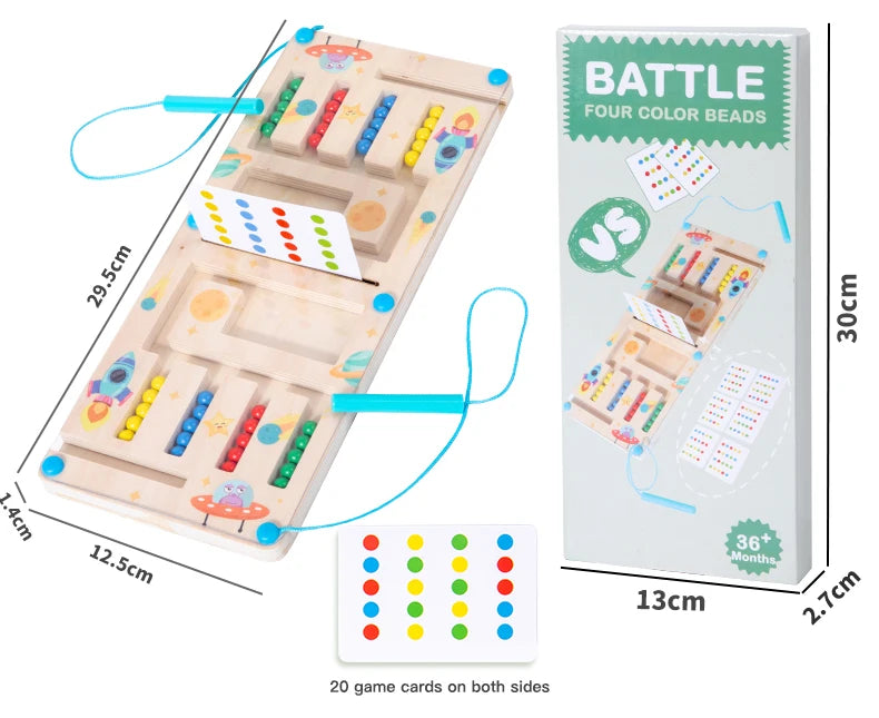 Wooden educational toy with colorful beads and game cards, accompanied by its packaging.