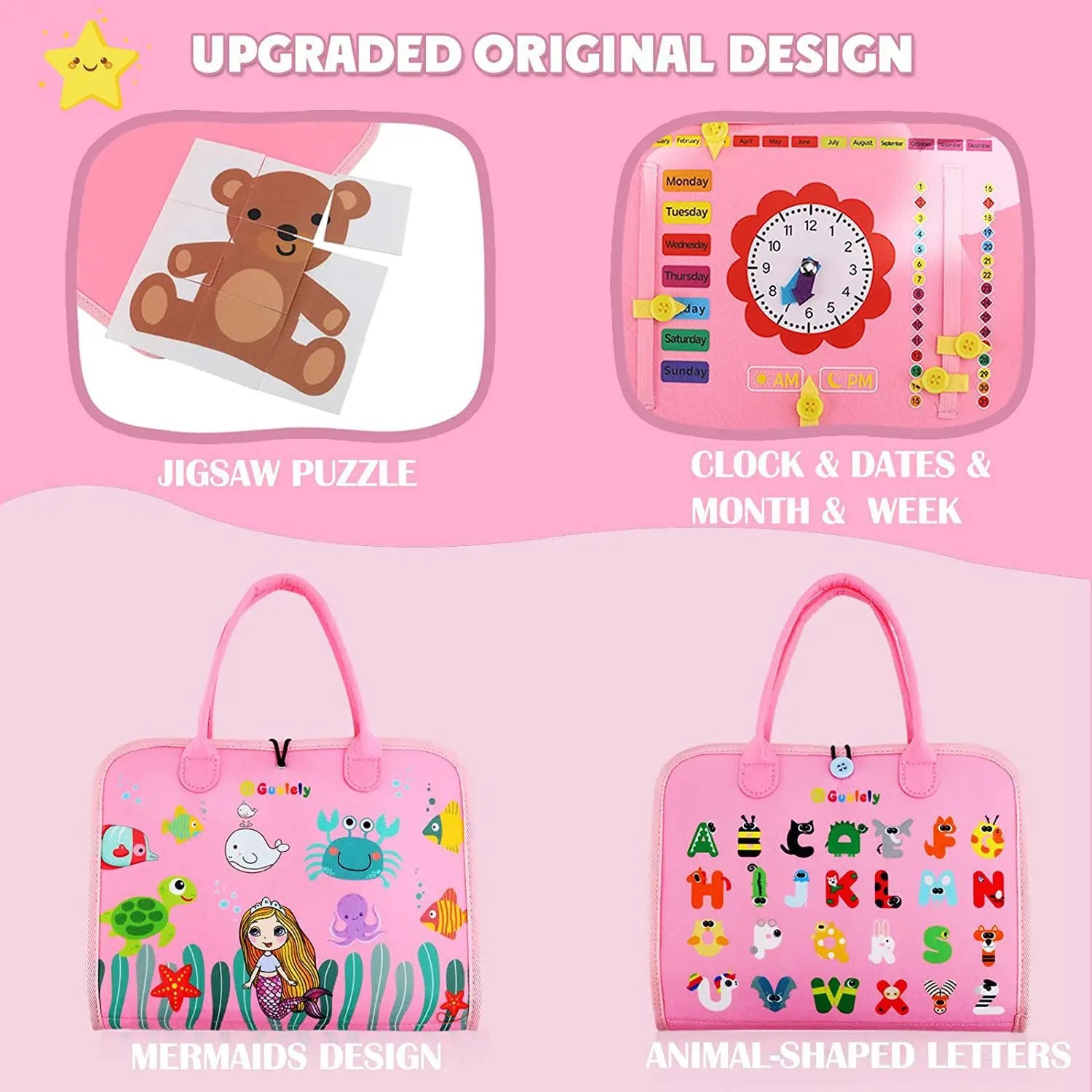 Educational toys and products for children on a pink background