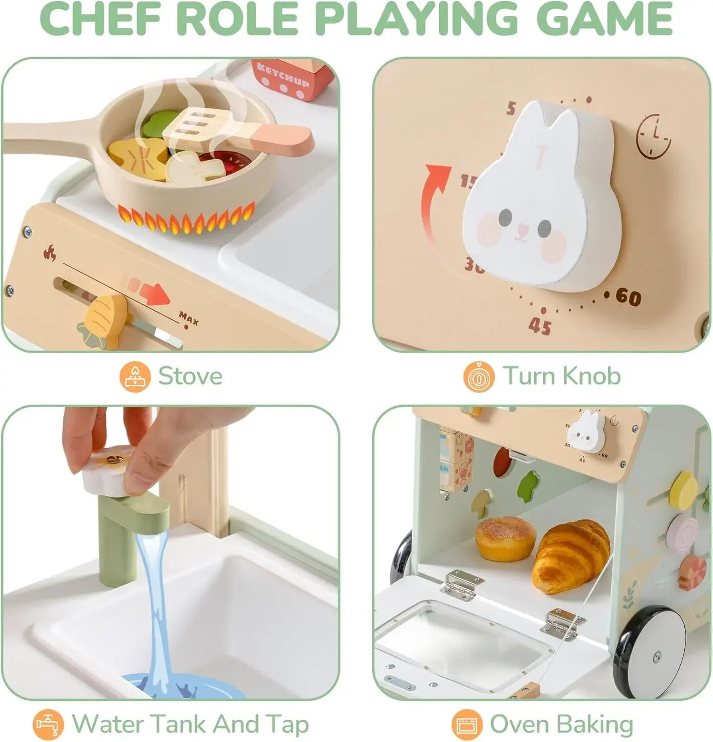 Wooden toy kitchen set with stove, oven, sink, and clock, labeled 'Chef Role Playing Game'.
