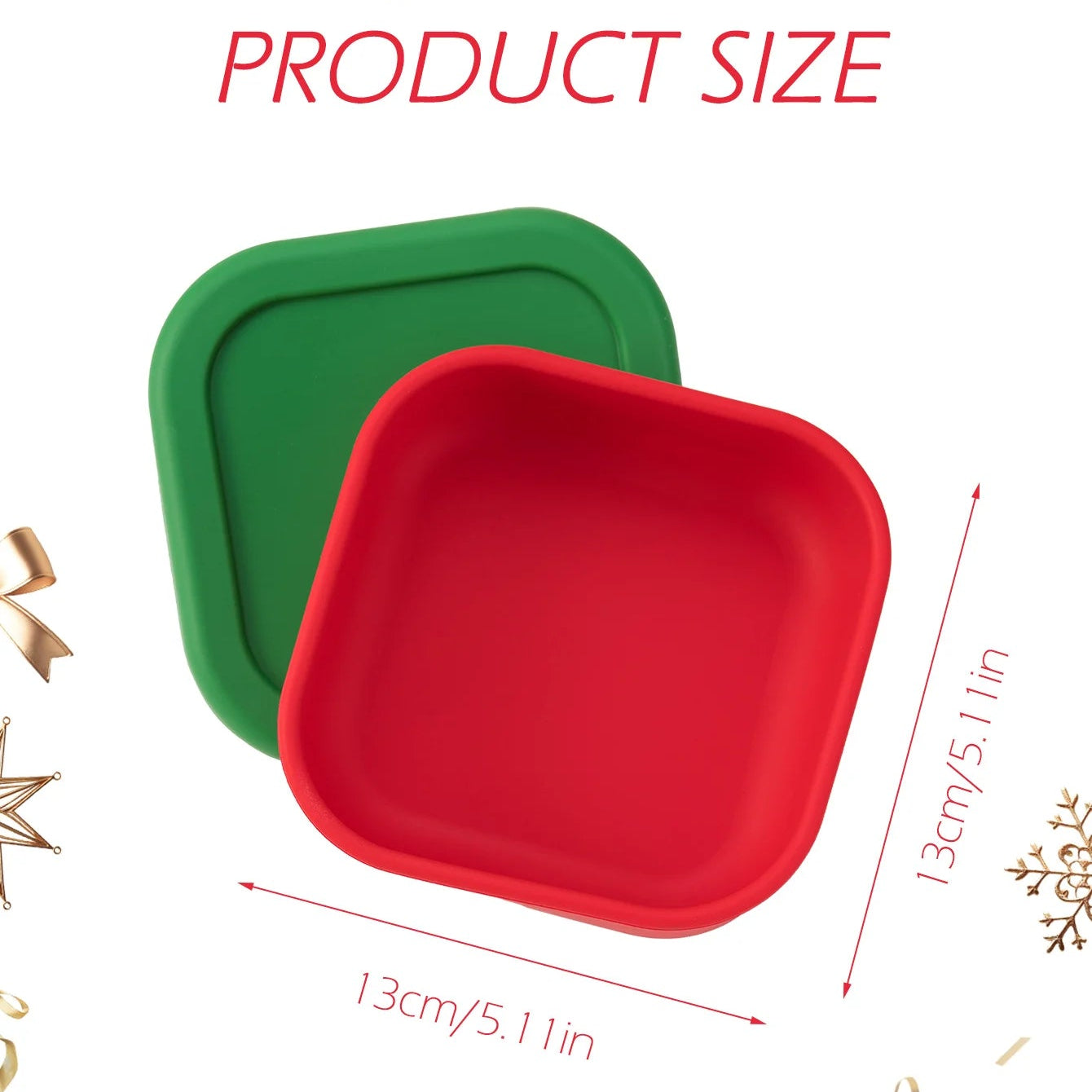 Square silicone snack container size chart, 13 x 13 cm