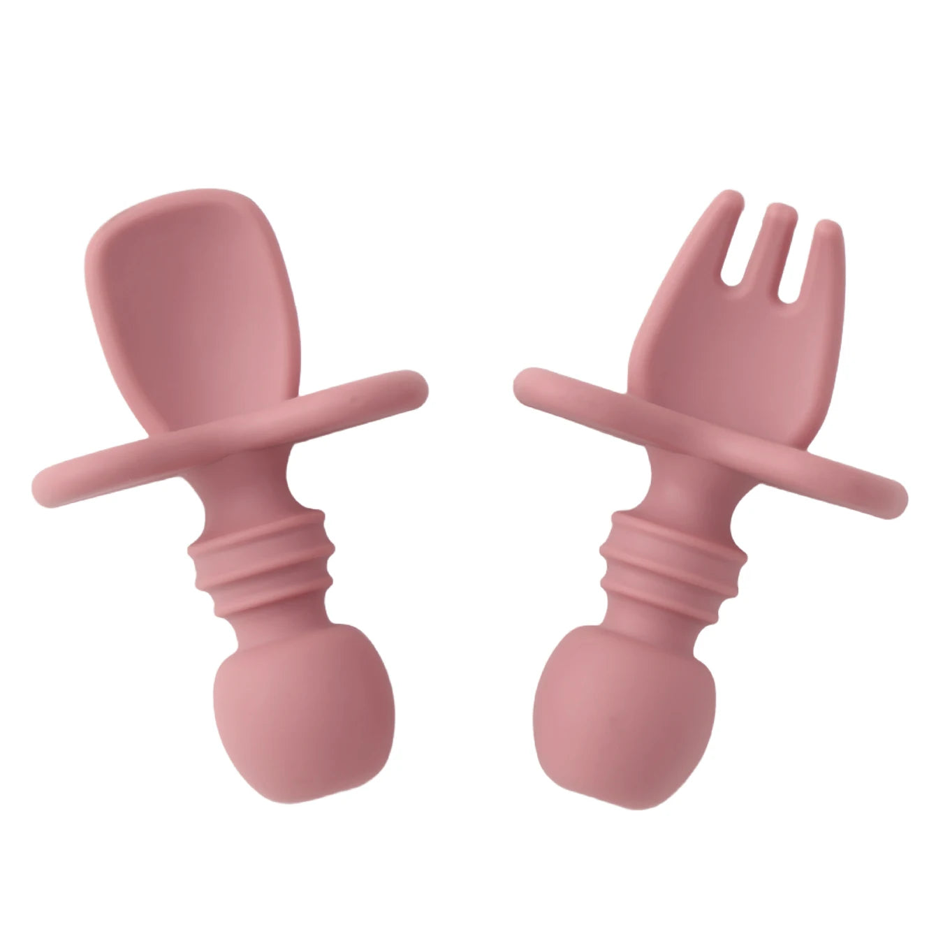 Powder rose silicone spoon and fork with choke guard