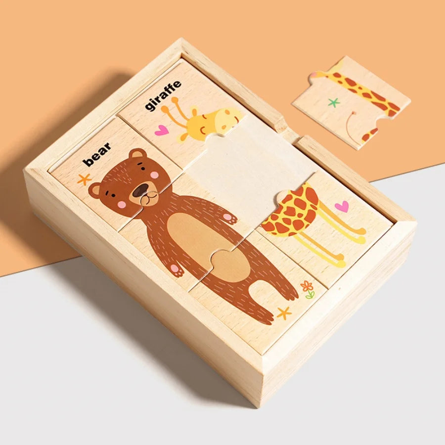 Wooden puzzle with bear and giraffe illustrations on a light background