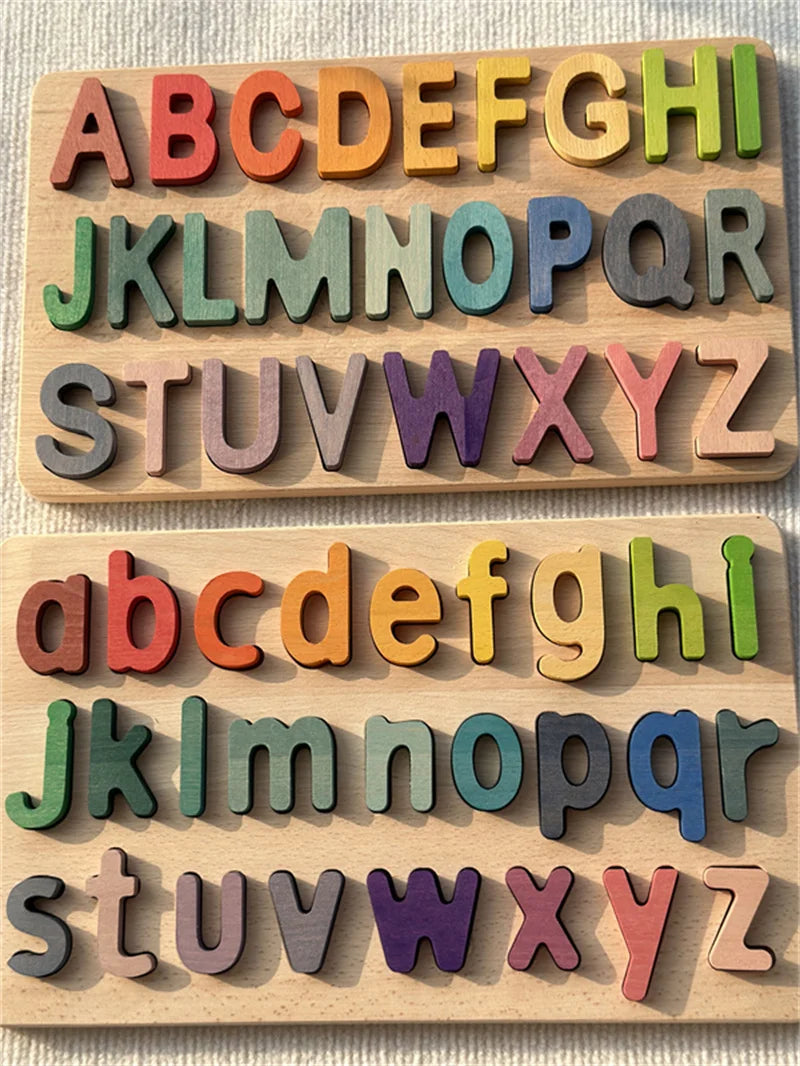 Set of colorful wooden letters from A to Z on a light background