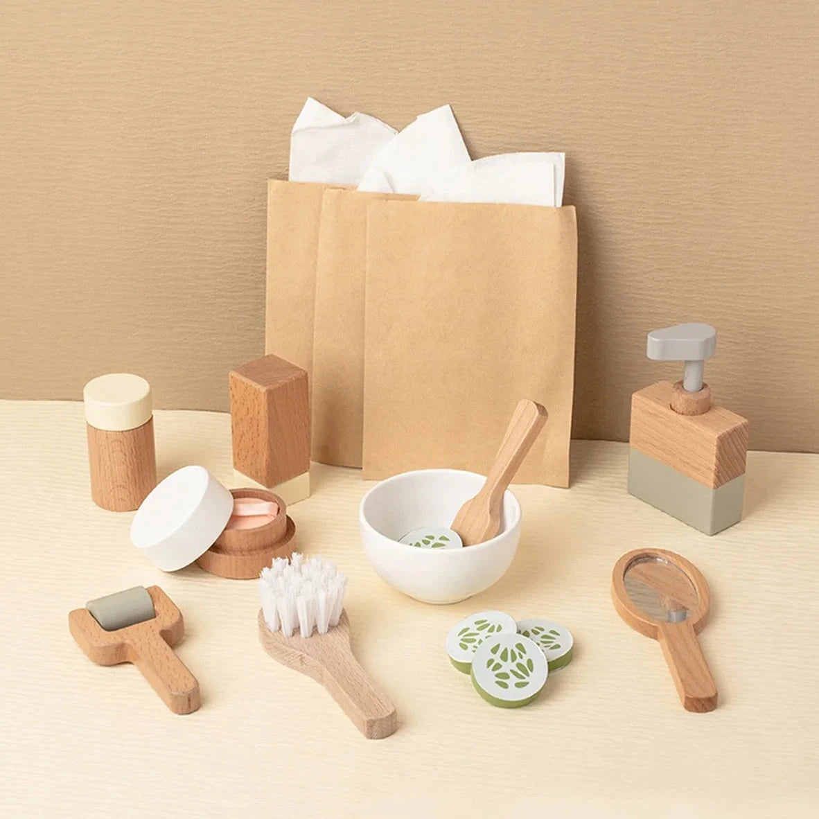 Wooden Spa Beauty Mask Set with a bowl, spoon, brush, and toy roller for kids’ pretend play, promoting creativity and social skills.