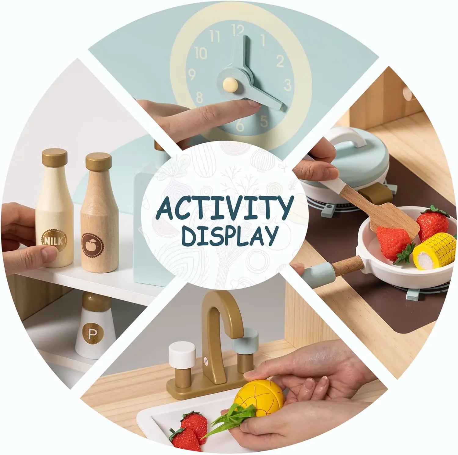 Collage of children's play items including a clock, bottles, and food items with 'Activity Display' text.