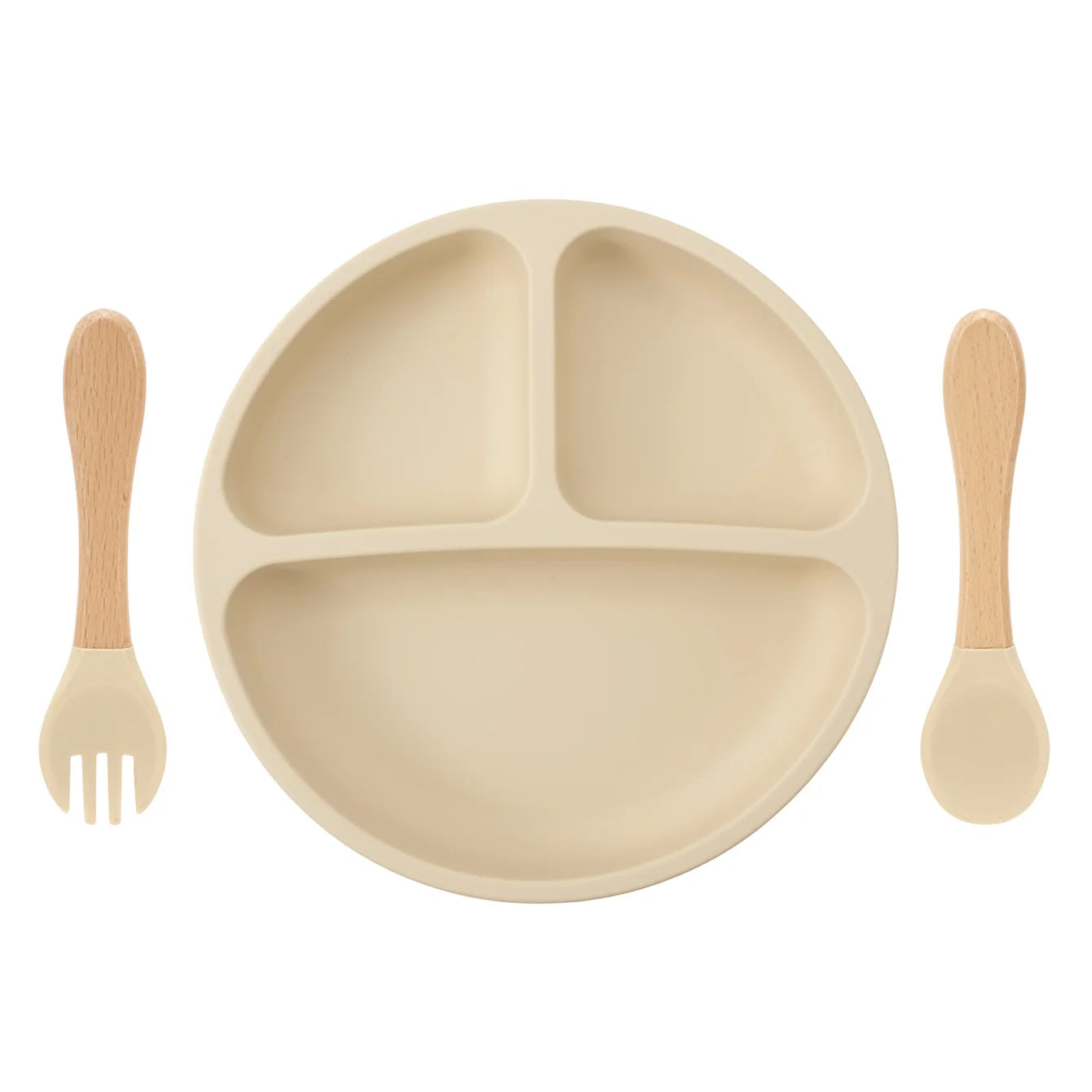 Silicone divided suction plate with wooden spoon and fork in Beach Sand
