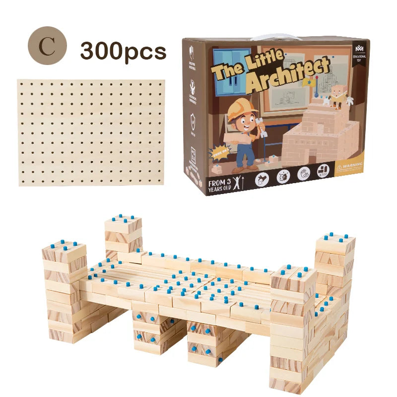 The Little Architect Wooden Building Blocks: Montessori educational toy for kids. Durable natural wood, available in 100, 200, or 300-piece sets.