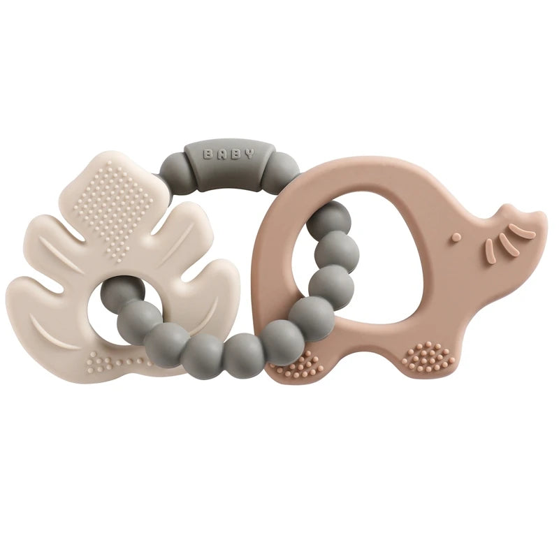 Two silicone teething rings with gray beads on a white background