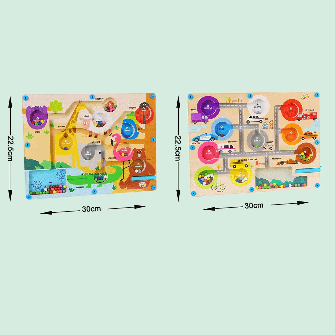 Two colorful children's play mats with dimensions on a light green background