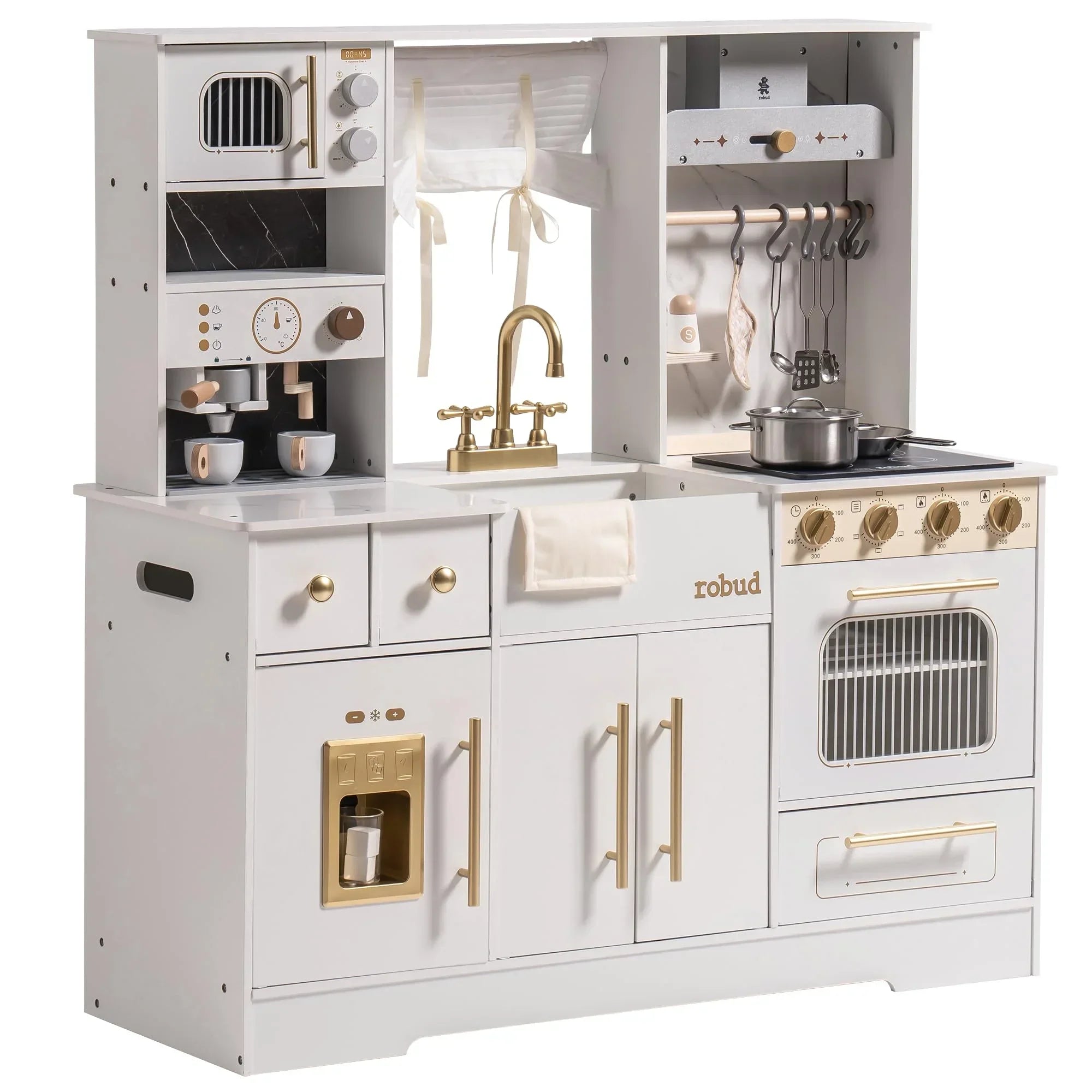 White play kitchen set with gold accents and Robud branding on a white background