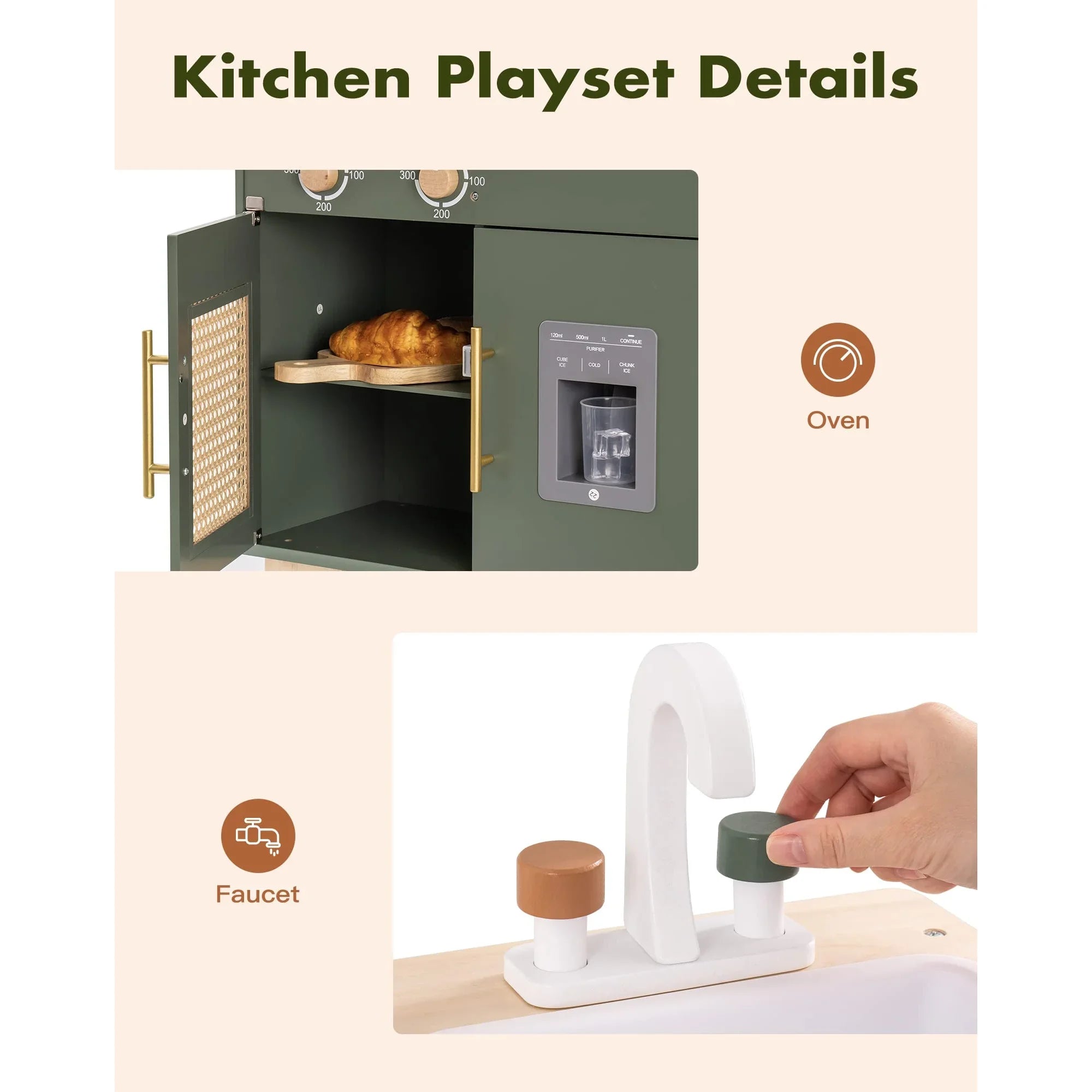 Kitchen playset with oven and faucet components on a beige background