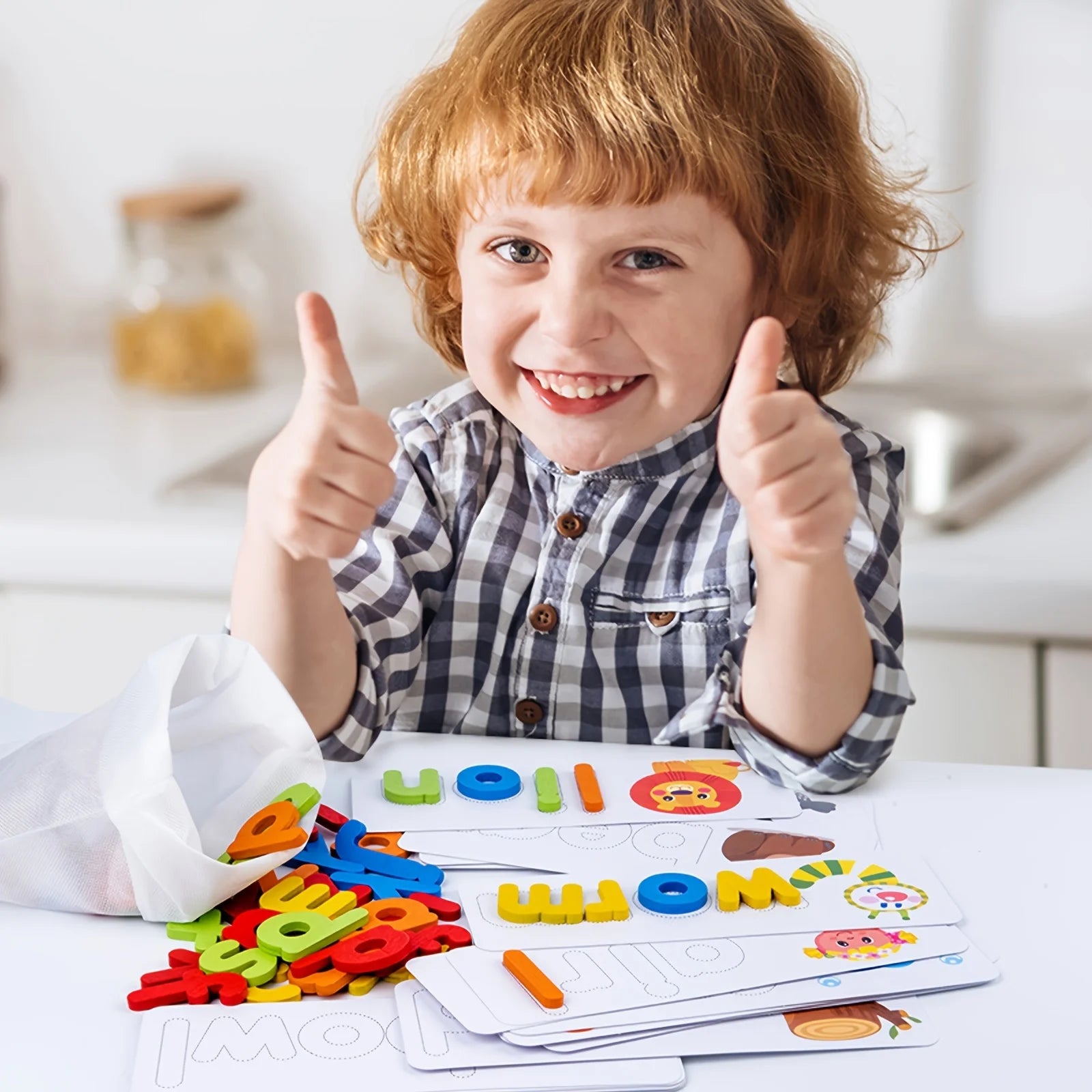 Wooden Letter Spelling Game with Picture Cards for Kids Ages 3-6