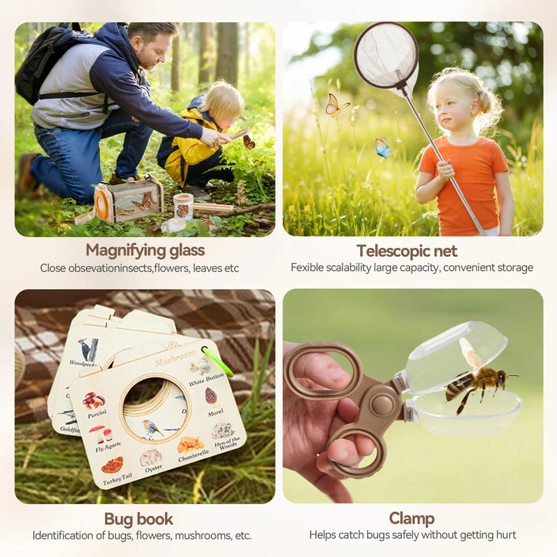 Collage of outdoor activities with tools like a magnifying glass, telescopic net, bug book, and clamp.