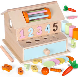 Montessori Fun House & Cash Register Set: Educational wooden toys for toddlers. Features shape sorting, magnetic worm catching, and more for hands-on learning fun.