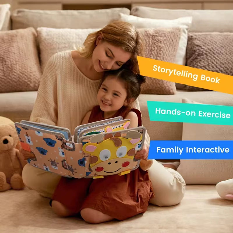 Woman and child reading a colorful book together on a couch.