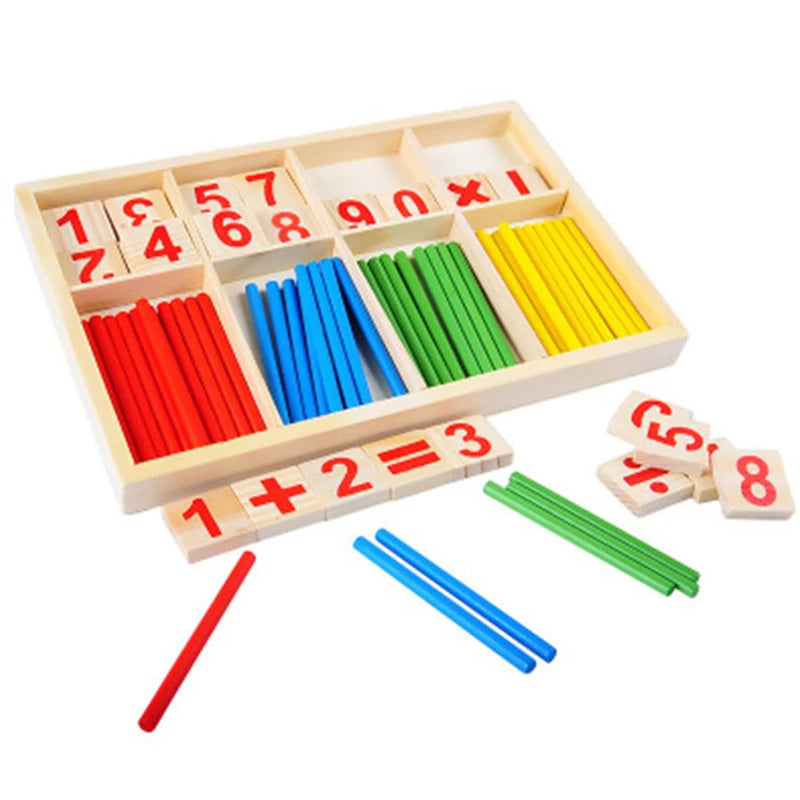 Wooden math educational toy with colorful sticks and numbers on a white background