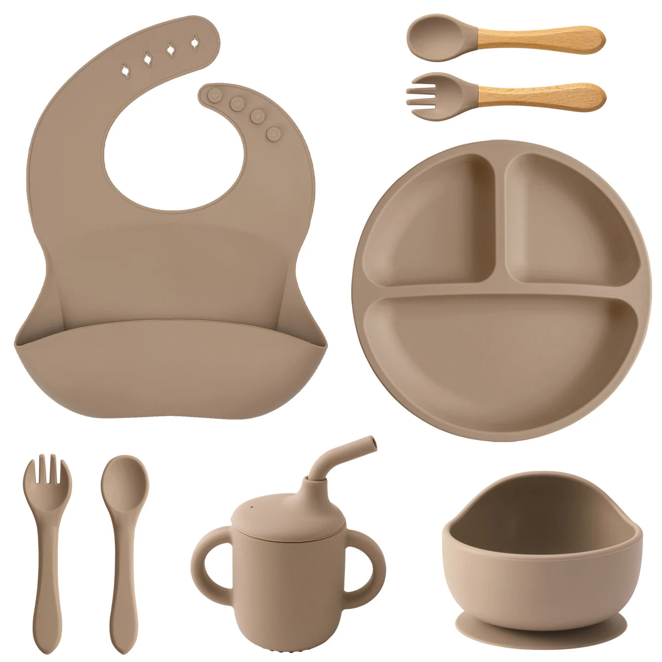 Taupe 8-piece silicone feeding set