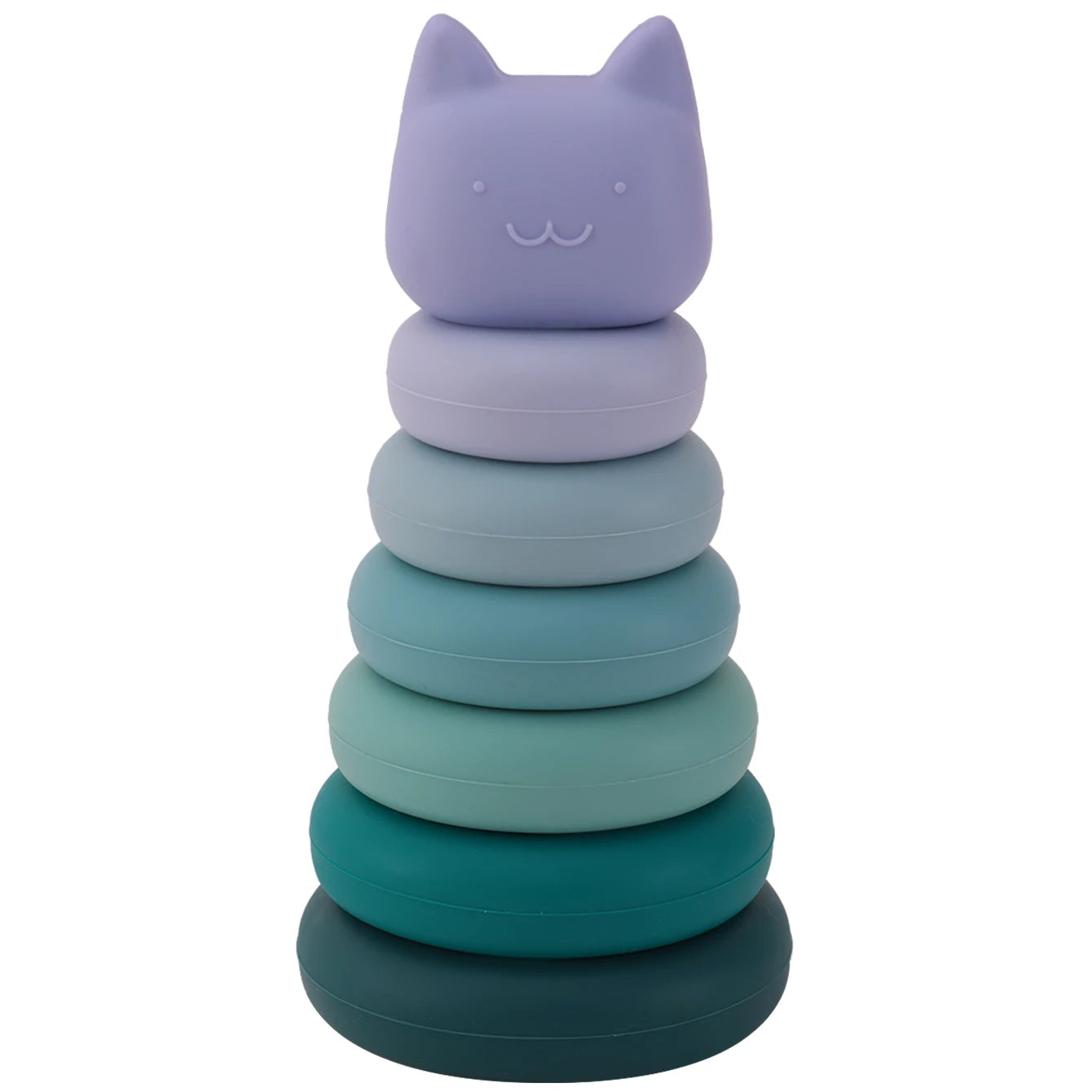 Stack of colorful rings with a cat-shaped top on a white background